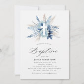 boho pampas grass blue floral cross baptism einladung (Vorderseite)