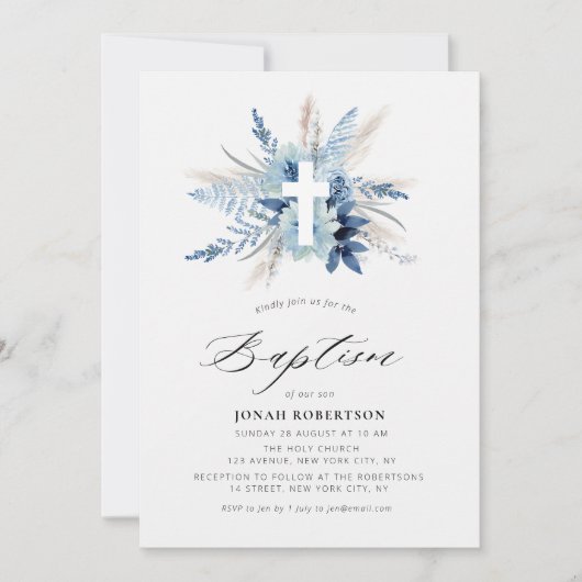 boho pampas grass blue floral cross baptism einladung (Vorderseite)