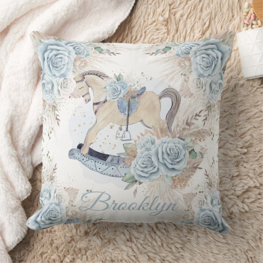 Boho Pampas Grass Blue Floral Rocking Horse Kissen (Decke)