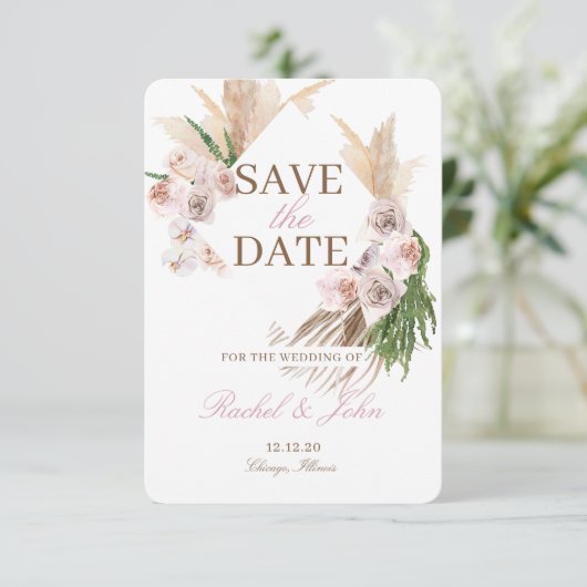 Boho Pampas Grass Blush Floral Save the Date (Stehend Vorderseite)