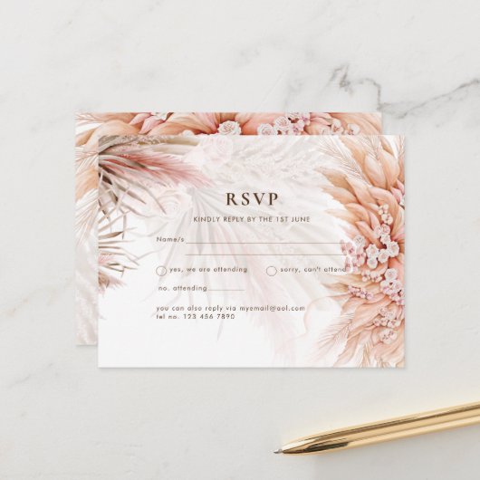BOHO Pampas Grass Blush Hochzeit Postkarte (Vorderseite/Rückseite Beispiel)