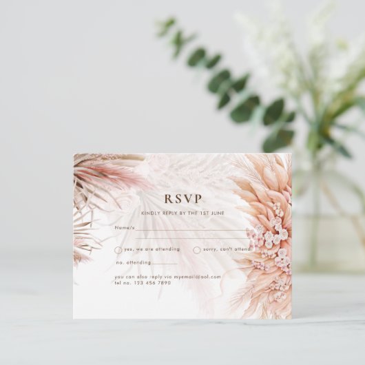 BOHO Pampas Grass Blush Hochzeit Postkarte (Stehend Vorderseite)