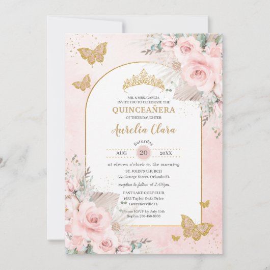 Boho Pampas Grass Blush Pink Floral Quinceañera Einladung (Vorderseite)