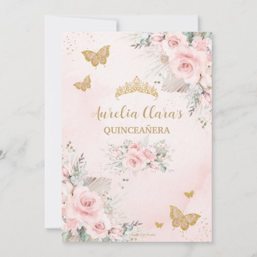 Boho Pampas Grass Blush Pink Floral Quinceañera Einladung (Rückseite)