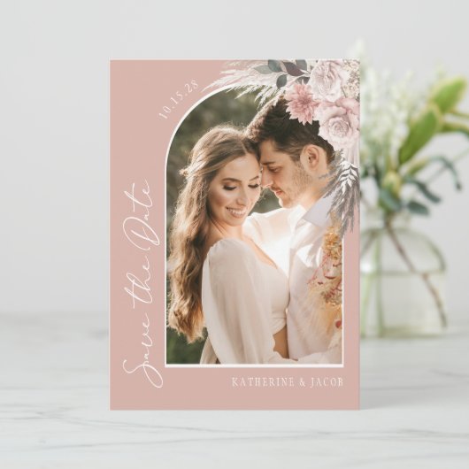 Boho Pampas Grass Blush Pink Foto Hochzeit Save The Date (Stehend Vorderseite)