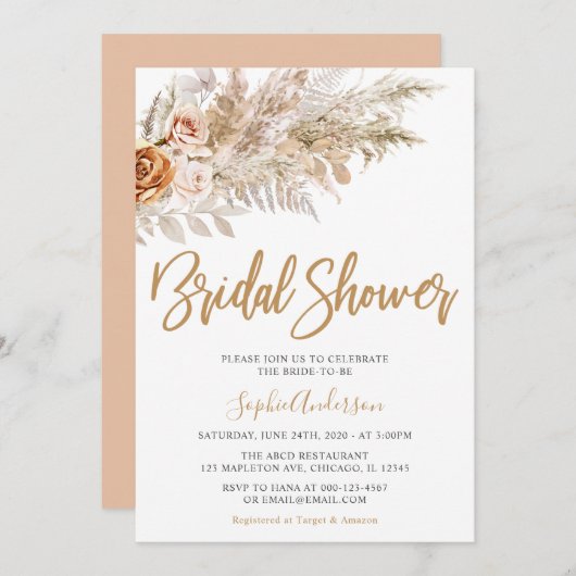 Boho Pampas Grass Bohemisch Brautparty Einladung (Vorne/Hinten)