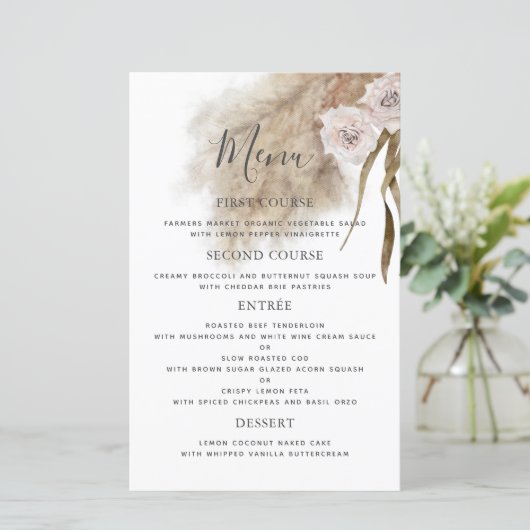 Boho Pampas Grass Botanische Hochzeitsessen Menü (Stehend Vorderseite)