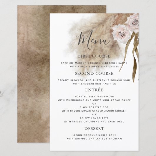 Boho Pampas Grass Botanische Hochzeitsessen Menü (Vorne/Hinten)