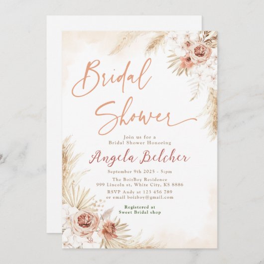 Boho Pampas Grass - Brautparty Boho Einladung (Vorne/Hinten)