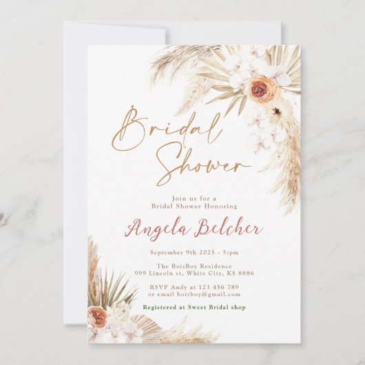 Boho pampas Grass Brautparty Einladung (Vorderseite)