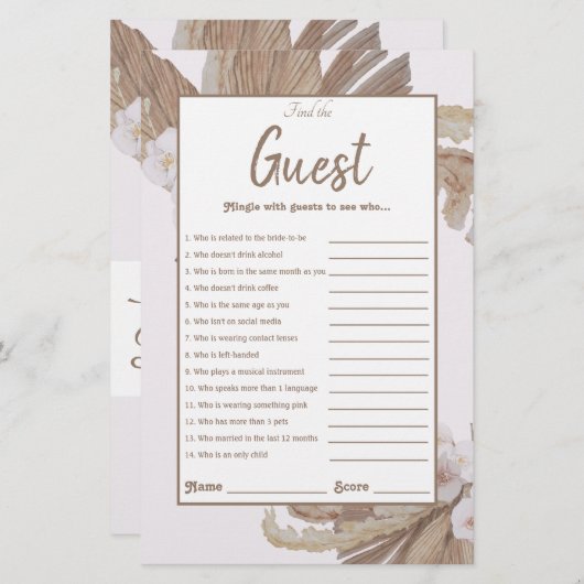 Boho Pampas Grass Brautparty Game (Vorne/Hinten)