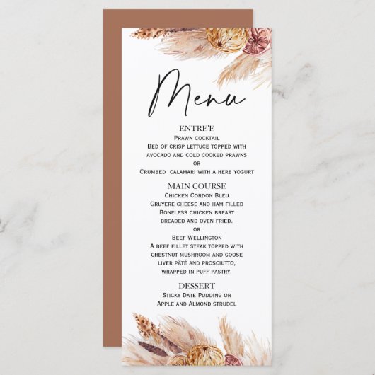 Boho Pampas Grass Brautparty Menu Menükarte (Vorne/Hinten)