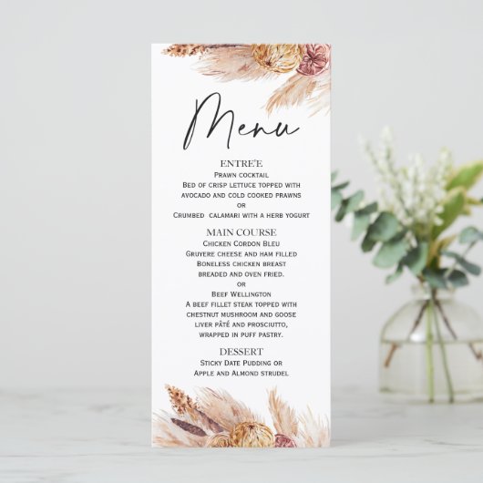 Boho Pampas Grass Brautparty Menu Menükarte (Stehend Vorderseite)