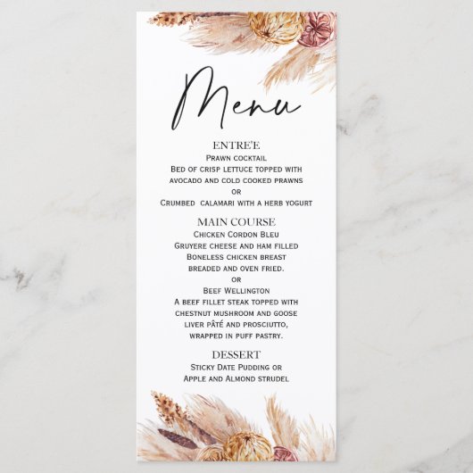 Boho Pampas Grass Brautparty Menu Menükarte (Vorderseite)