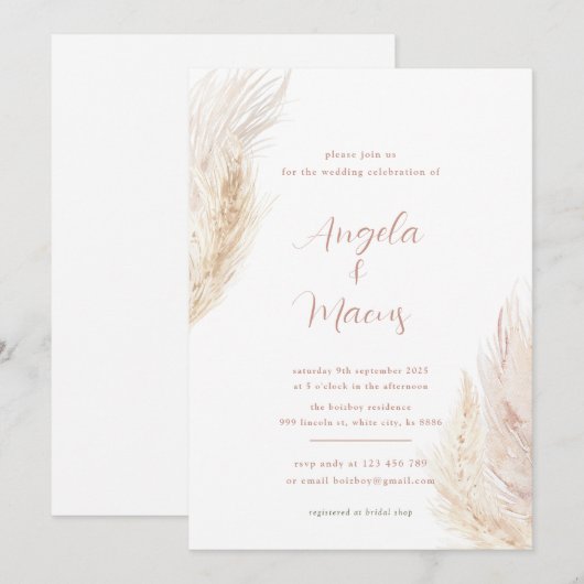 Boho pampas Grass Bridal Dusche Einladung (Vorne/Hinten)