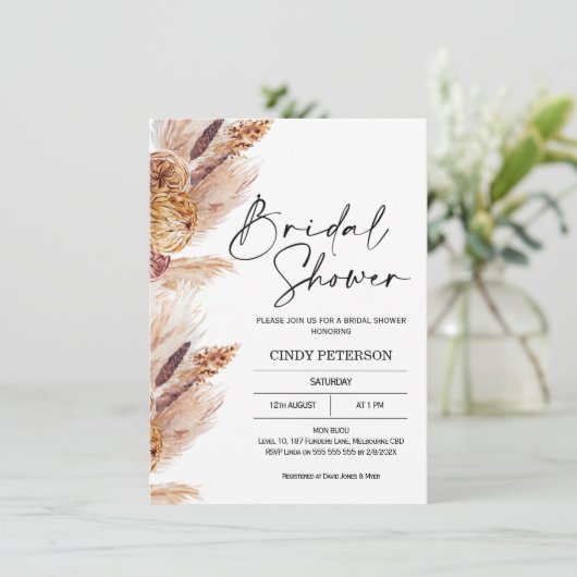 Boho Pampas Grass Bridal Dusche Einladung (Stehend Vorderseite)