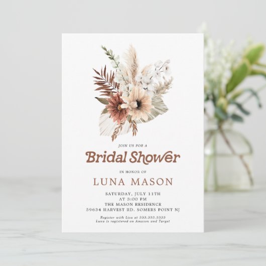 Boho Pampas Grass Bridal Dusche Einladung (Stehend Vorderseite)
