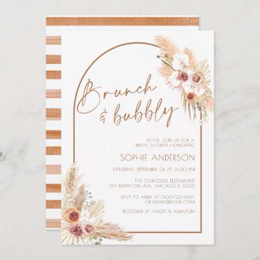 Boho Pampas Grass Brunch & Bubbly Brautparty Einladung (Vorne/Hinten)