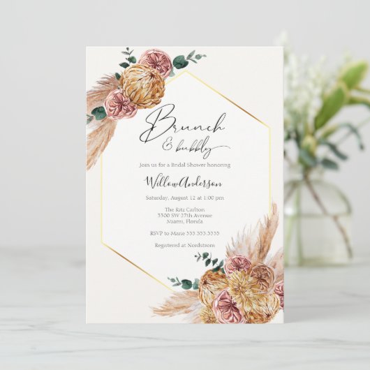 Boho Pampas Grass Brunch und Bubbly Einladung (Stehend Vorderseite)