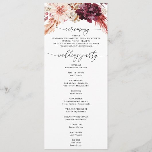 Boho Pampas Grass Burgundy Wedding Program Programm (Rückseite)