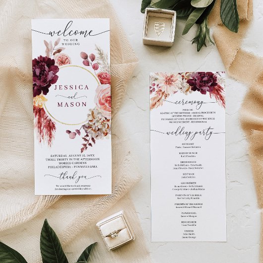 Boho Pampas Grass Burgundy Wedding Program Programm