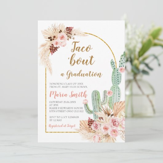 Boho Pampas Grass cactus Taco über einen Abschluss Einladung (Stehend Vorderseite)