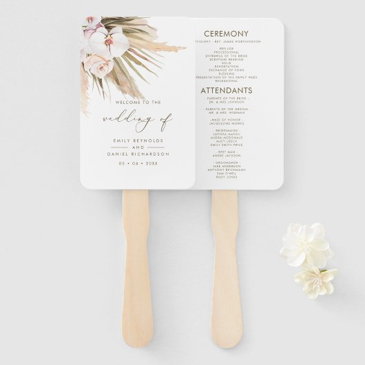 Boho Pampas Grass & Calligraphy Wedding Program Fächer (Vorne und Hinten)