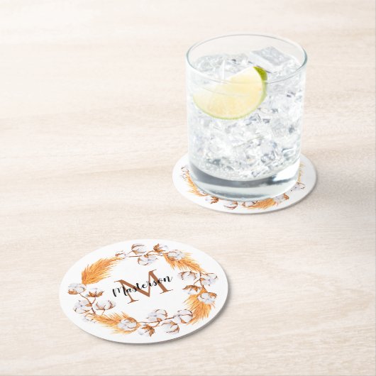 Boho Pampas Grass | Cotton Wreath Monogram Runder Pappuntersetzer (Vor Ort)