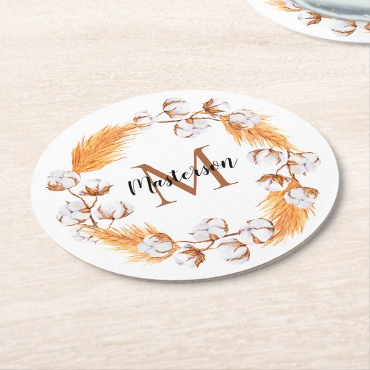 Boho Pampas Grass | Cotton Wreath Monogram Runder Pappuntersetzer (Angewinkelt)