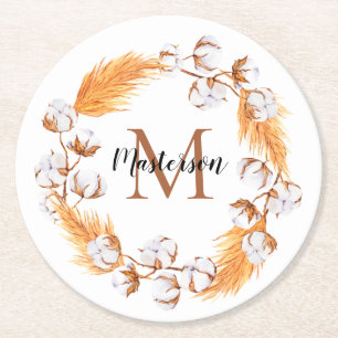 Boho Pampas Grass   Cotton Wreath Monogram Runder Pappuntersetzer