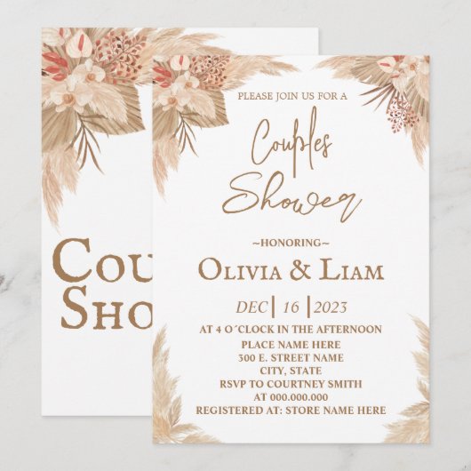 Boho Pampas Grass Couples Dusche Einladung (Vorne/Hinten)