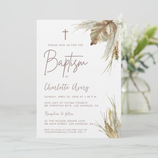 Boho Pampas Grass Custom Taufe Einladung (Stehend Vorderseite)