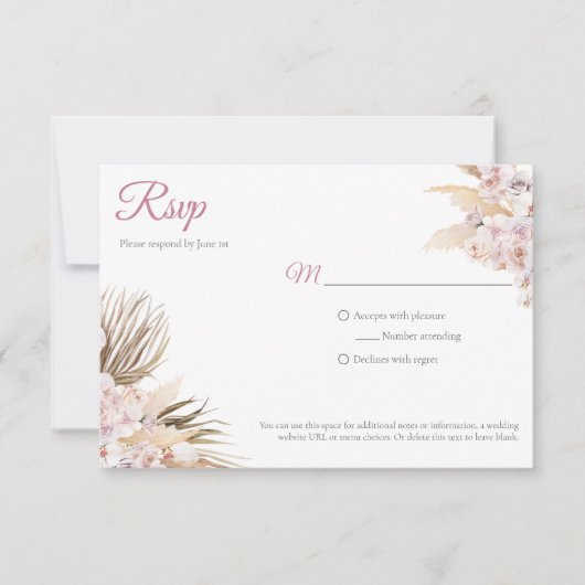 Boho Pampas Grass Dried Floral Blush Rose Hochzeit RSVP Karte (Vorderseite)