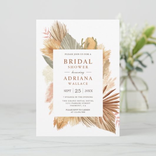 Boho Pampas Grass Dried Palm Blätter Brautparty Einladung (Stehend Vorderseite)