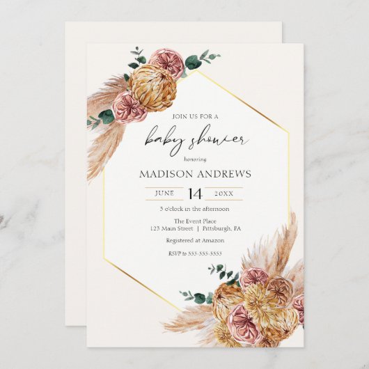 Boho Pampas Grass Driving Bouquet Baby Shower Einladung (Vorne/Hinten)