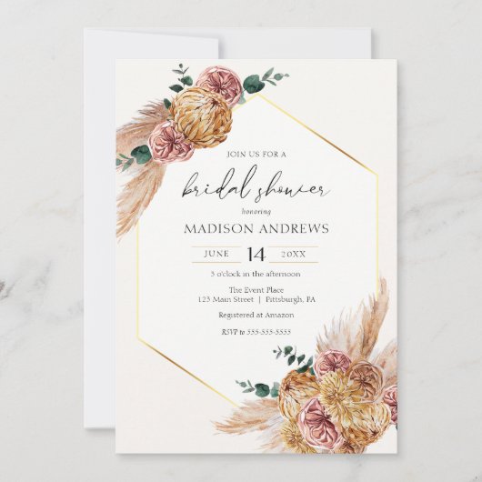 Boho Pampas Grass Driving Bouquet Brautparty Einladung (Vorderseite)