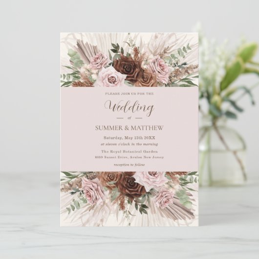 Boho Pampas Grass Dusty Pink Brown Floral Wedding Einladung (Stehend Vorderseite)