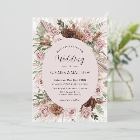 Boho Pampas Grass Dusty Pink Brown Floral Wedding Einladung (Stehend Vorderseite)