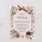 Boho Pampas Grass Dusty Pink Brown Floral Wedding Einladung (Vorne/Hinten)