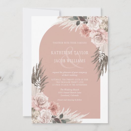 Boho Pampas Grass Dusty Pink Floral Wedding Einladung (Vorderseite)
