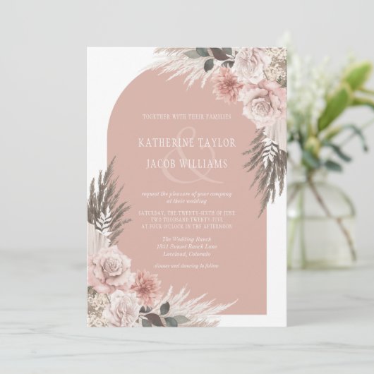 Boho Pampas Grass Dusty Pink Floral Wedding Einladung (Stehend Vorderseite)
