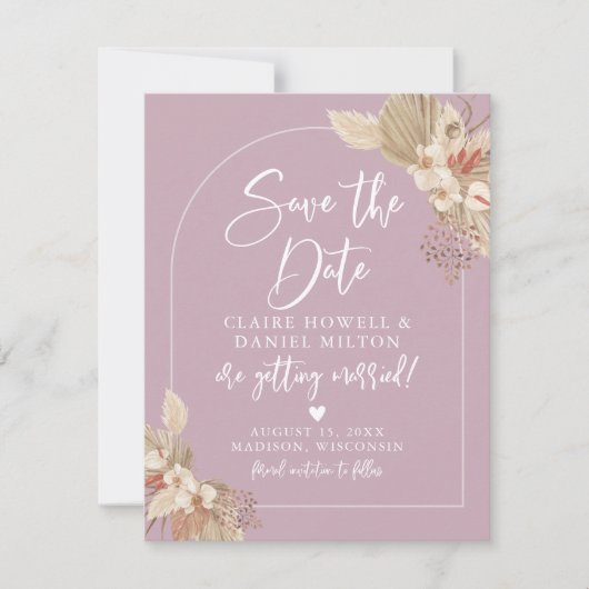 Boho Pampas Grass Dusty Rose Rosa Save the Date (Vorderseite)