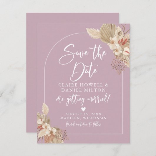 Boho Pampas Grass Dusty Rose Rosa Save the Date (Vorne/Hinten)