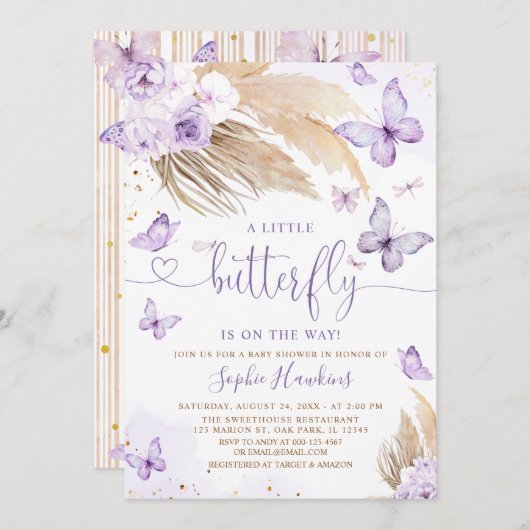 Boho Pampas Grass eine kleine Schmetterlingswaage Einladung (Vorne/Hinten)