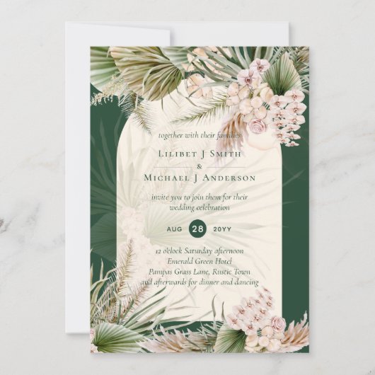 BOHO Pampas Grass Emerald Green Wedding Einladung (Vorderseite)