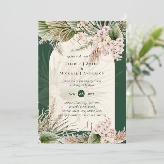 BOHO Pampas Grass Emerald Green Wedding Einladung (Stehend Vorderseite)