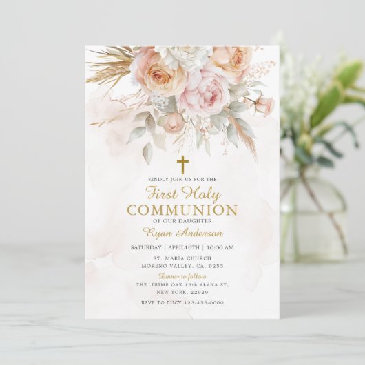 Boho Pampas Grass Erste Heilige Kommune Einladung (Stehend Vorderseite)