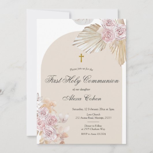 Boho Pampas Grass Erste Heilige Kommune Einladung (Vorderseite)