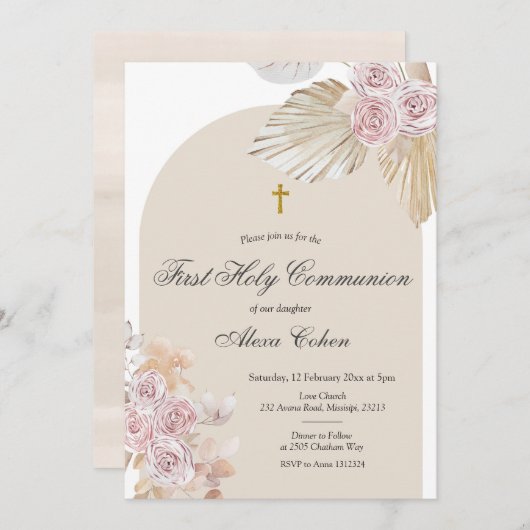 Boho Pampas Grass Erste Heilige Kommune Einladung (Vorne/Hinten)