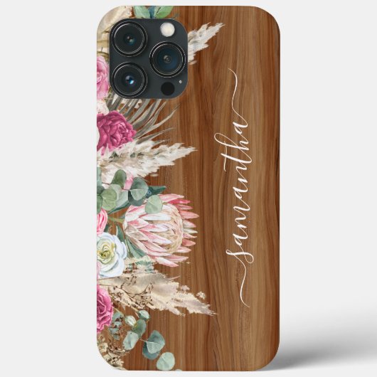 Boho Pampas Grass Eukalyptus Wood Look Monogram Case-Mate iPhone Hülle (Rückseite)